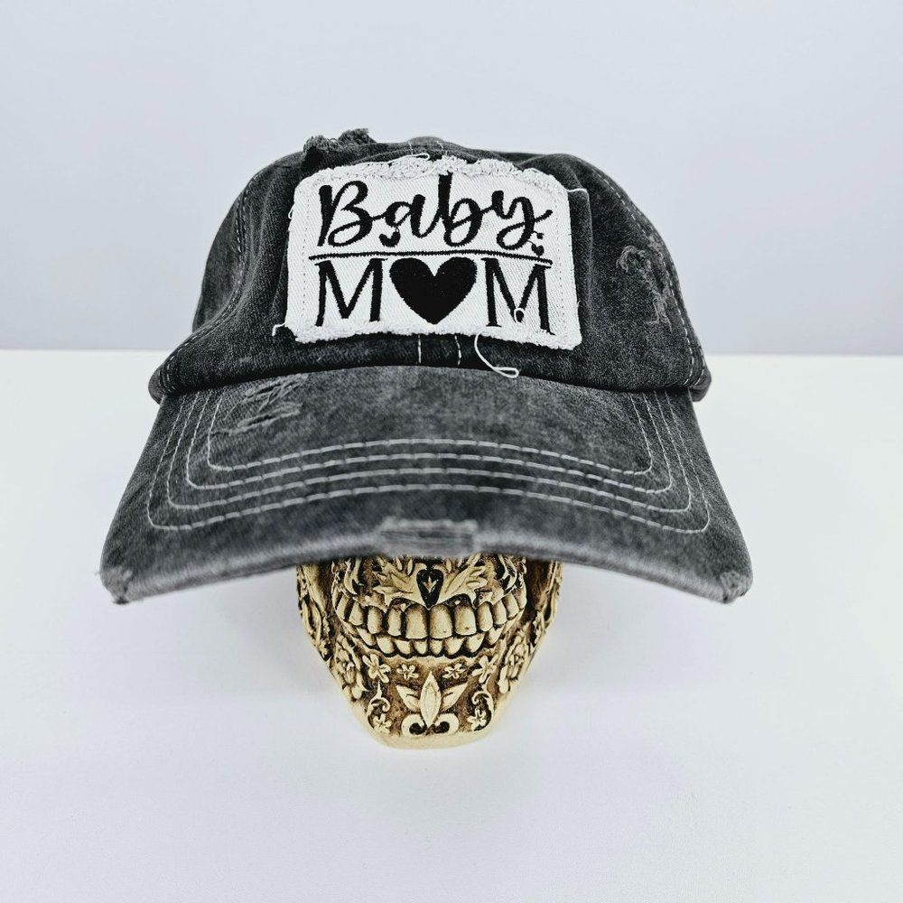 Baby Mom Baseball Hat Cap Grey White Embroidered Patch Distressed Adjustable New
